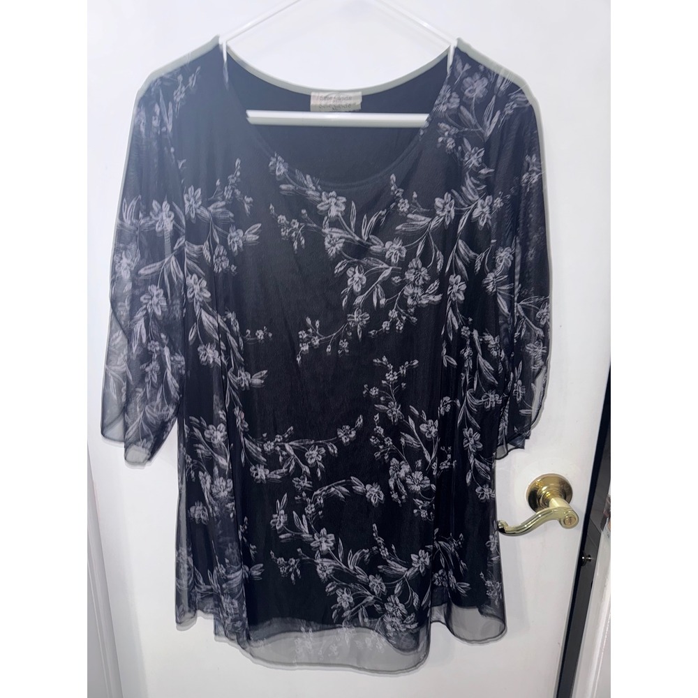 Sese Code Women Black Floral Mesh Layered Tunic Top 3/4 Bell Sleeve XL